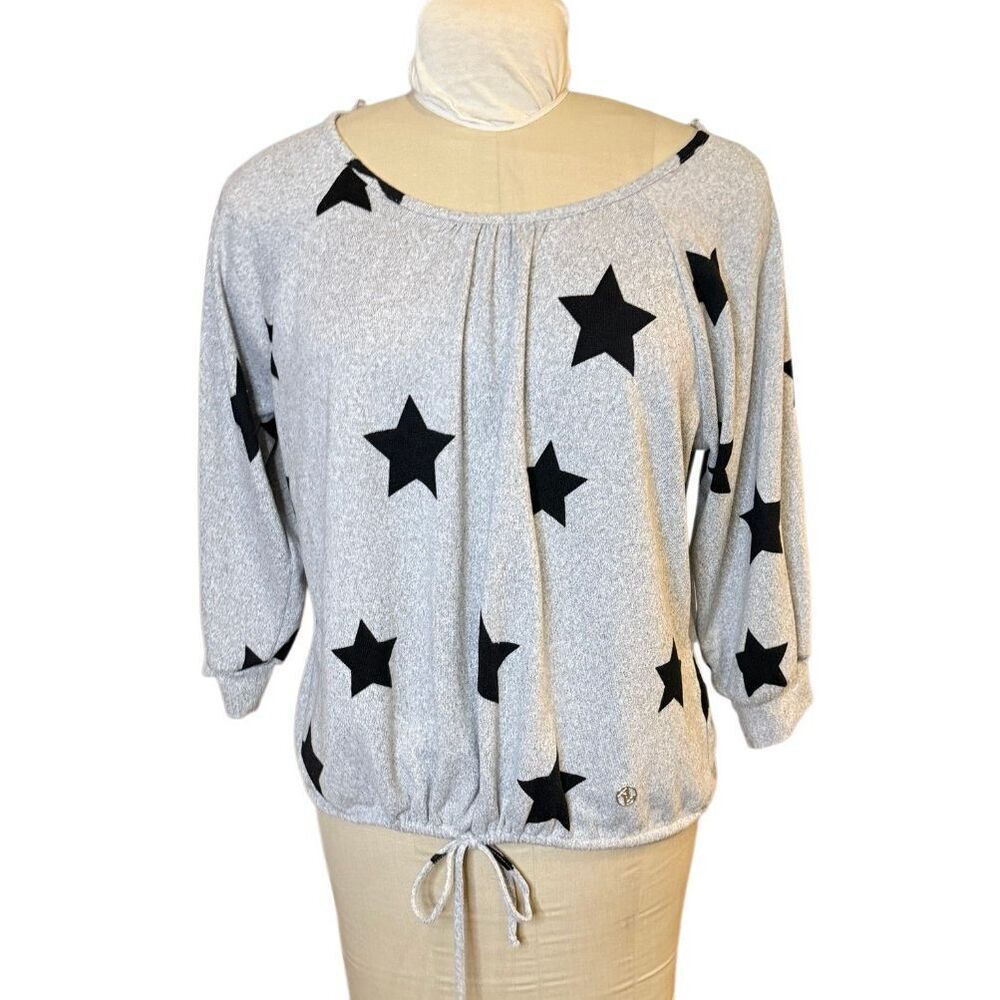 Adrienne Vittadini Women’s Gray Sweater Black Stars 3/4 Sleeves Drawstring Plus